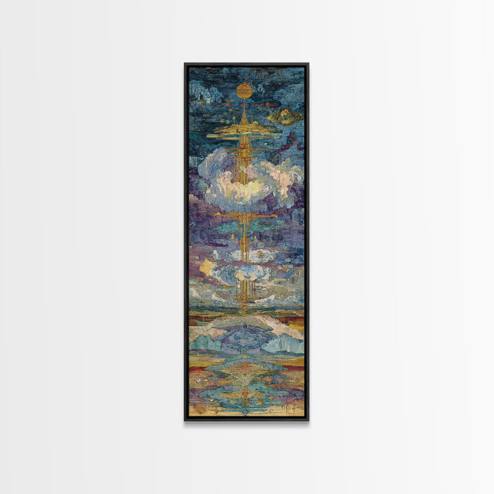 Floating Golden Temple In Clouds Wall Art, Mystical Landscape Art Print, Blue Gold Statement Decor, Modern Canvas Art Gift