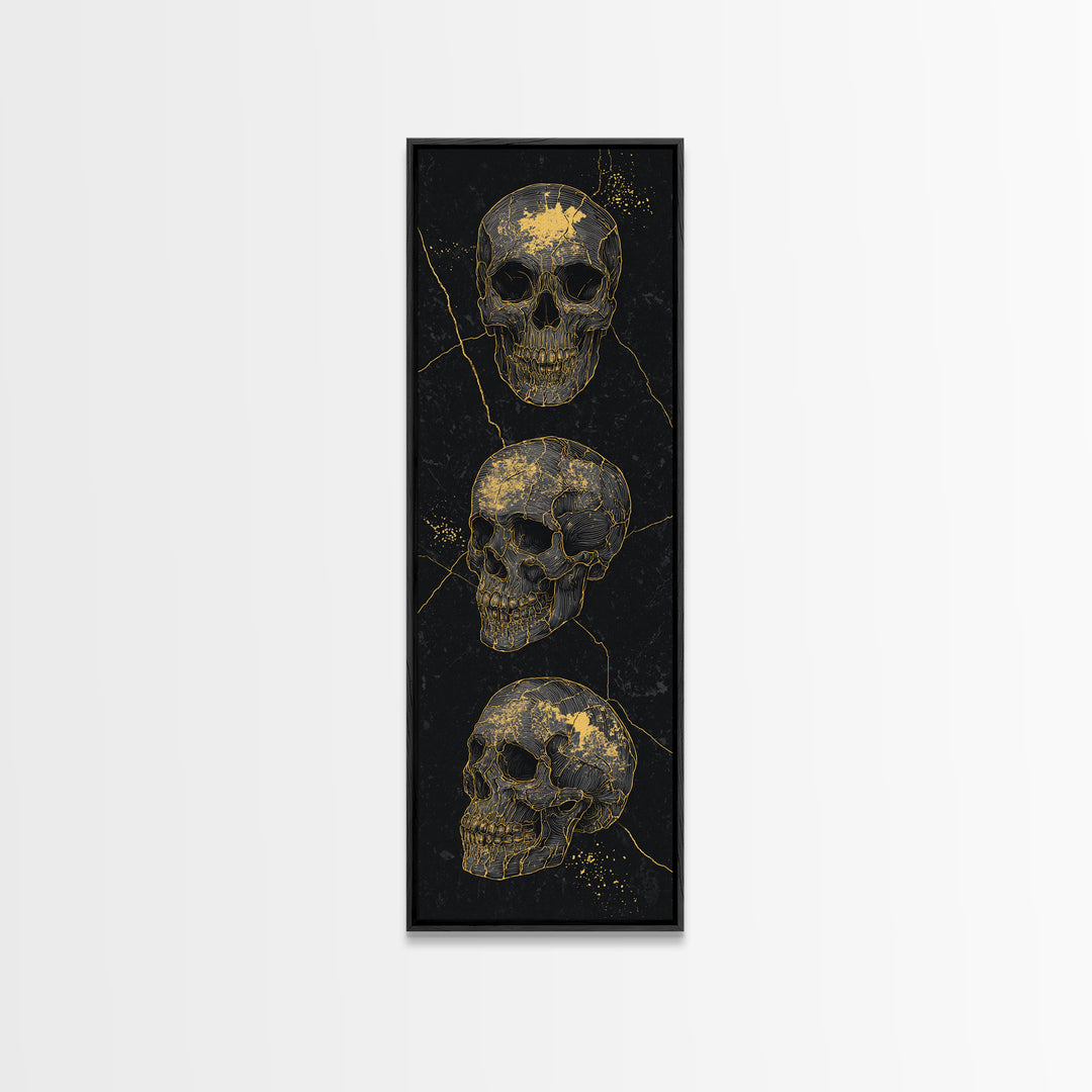 Three Gold Skulls On Black Canvas Print, Gothic Anatomy Wall Art, Dark Luxury Decor, Macabre Statement Gift For Him Home Decor