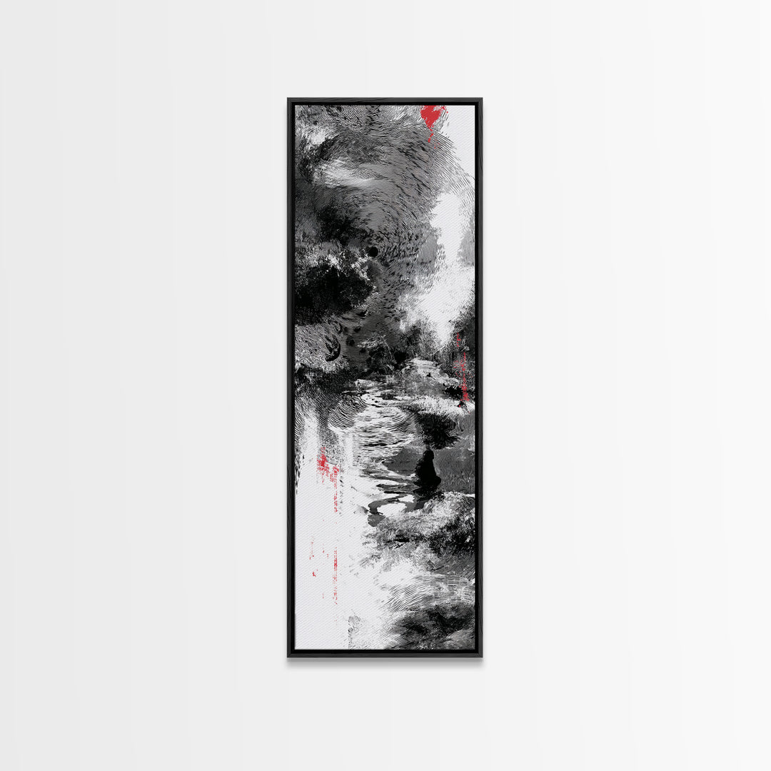 Black And White Abstract River Figure Wall Art, African Abstract Painting, Modern Ink Texture Decor With Red Accents Fine Art Print