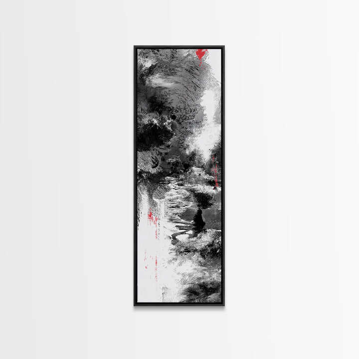 Black And White Abstract River Figure Wall Art, African Abstract Painting, Modern Ink Texture Decor With Red Accents Fine Art Print
