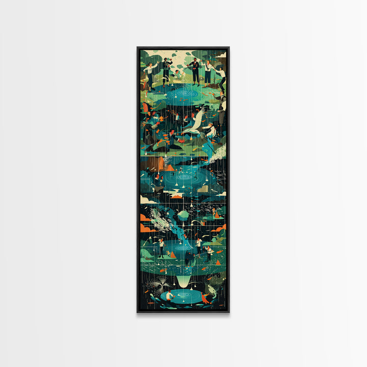 Teal Crane Pond And Rainy Garden Framed Canvas Print, African Inspired Bird Art, Nature Scene Decor For Living Room Wall Gift