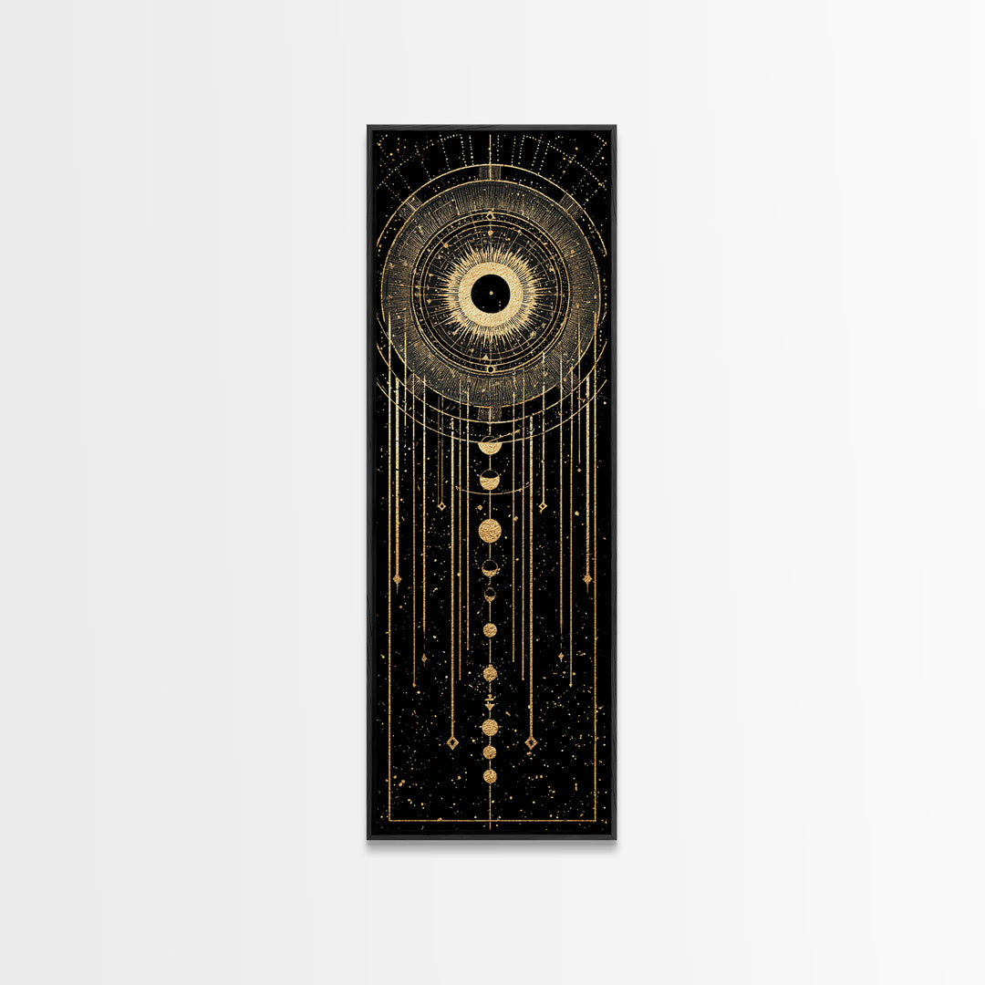 Golden Celestial Eye And Moon Phases Wall Art, African Inspired Spiritual Wall Decor, Mystical Black Gold Canvas Print Gift