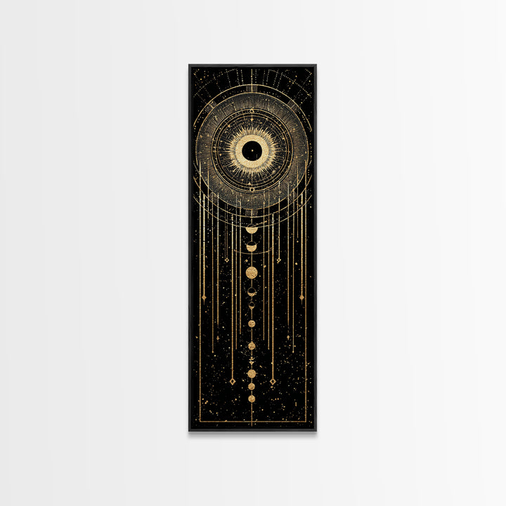Golden Celestial Eye And Moon Phases Wall Art, African Inspired Spiritual Wall Decor, Mystical Black Gold Canvas Print Gift