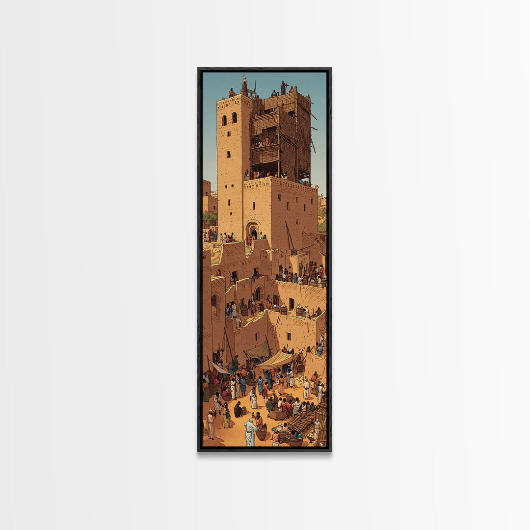 Desert Market Tower And Adobe City Wall Art, African Travel Poster, Moroccan Inspired Cultural Wall Decor, Warm Earth Tone Gift