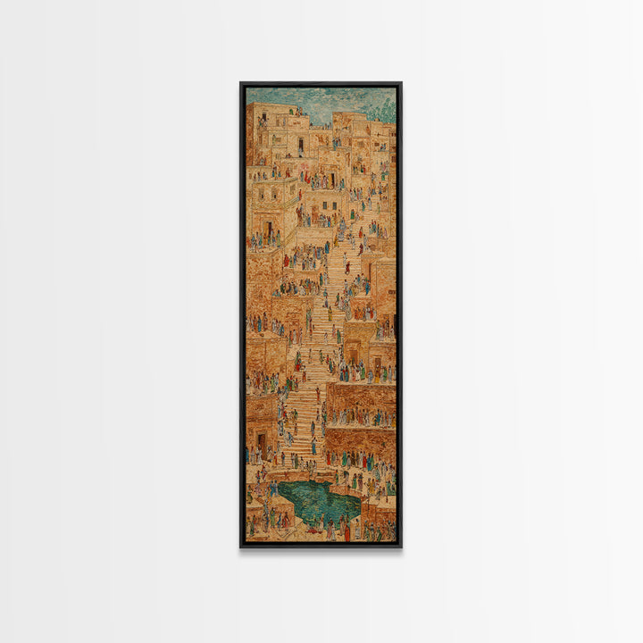 Ancient African Stairway Market Wall Art, Desert Cityscape Canvas Print, Terracotta Cultural Decor, Historic Village Artwork