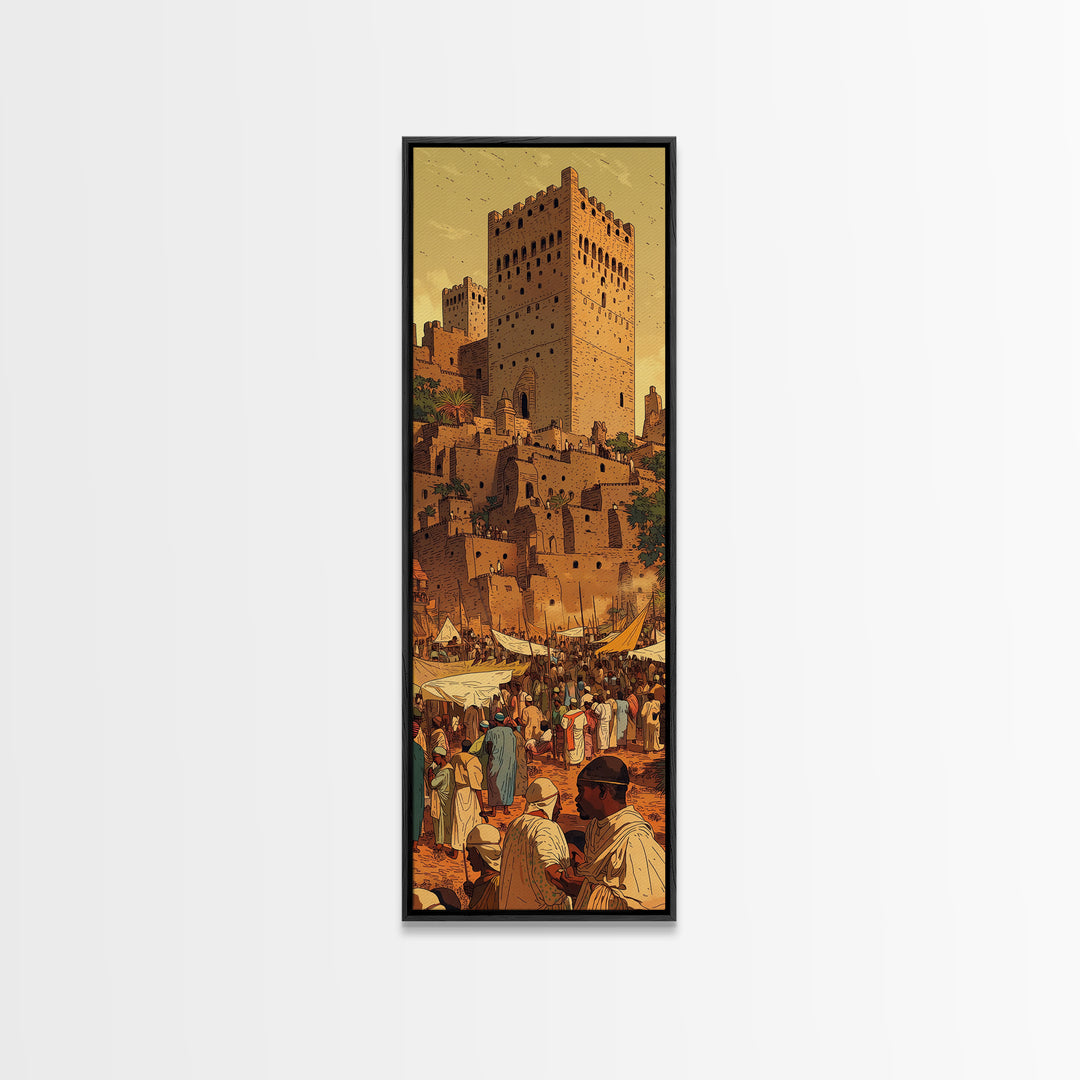 Moroccan Kasbah Market Wall Art, Sunset Desert Tower Canvas Print, African Travel Poster, Warm Terracotta Home Decor Artwork