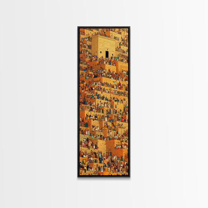 Golden African City Stairs Wall Art, Mud Brick Village Canvas Print, Busy Market Scene, Cultural Home Decor Artwork Poster