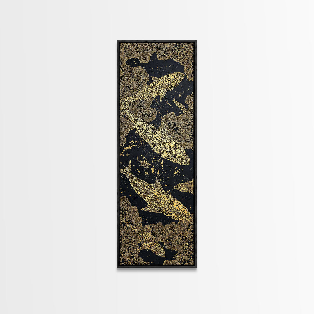 Golden Koi Fish On Black Abstract Wall Art, Luxury Canvas Print, Asian Inspired Decor, Textured Black And Gold Artwork Print
