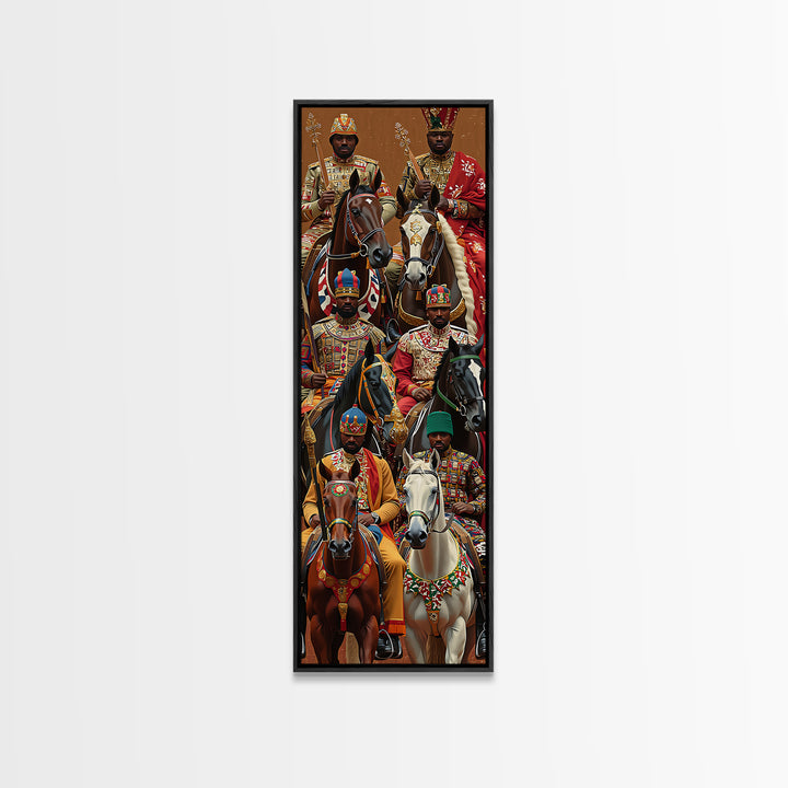 Ornate African Kings Riding Horses Framed Canvas Print, African Portrait, African Warrior Art, Afrocentric Decor, Cultural Wall Art