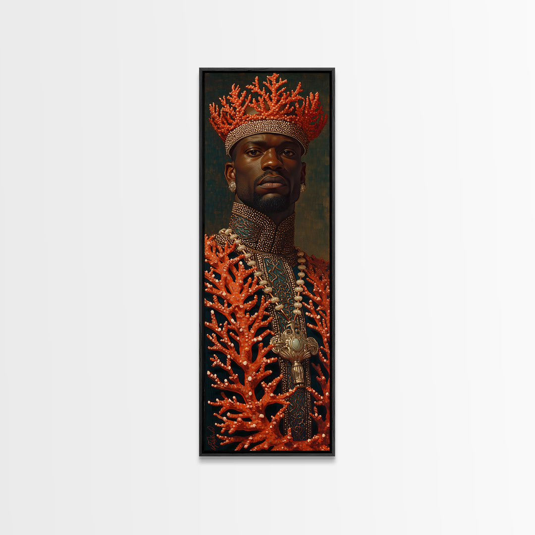 Black King In Coral Crown Portrait Canvas Print, African Portrait Art, Black Man Wall Art, Gold Jewelry Canvas, Luxury Decor