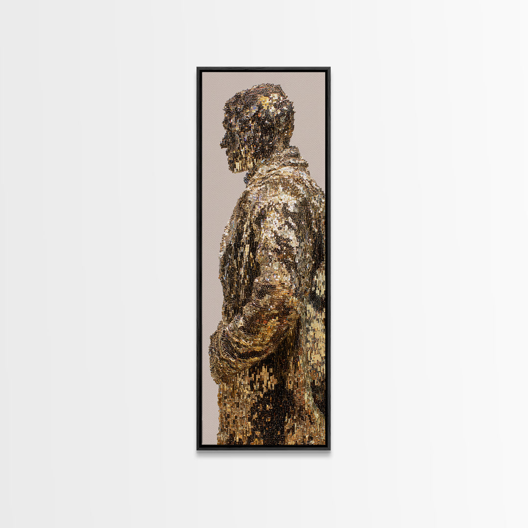 Shimmering Gold Male Figure Framed Canvas Print, Modern African Art, Abstract Portrait Wall Art, Luxury Black Art Decor Gift