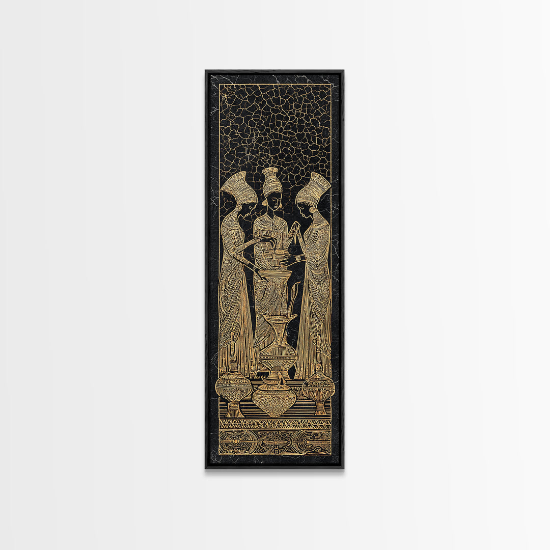 Golden African Women Ritual Wall Art, Ancient Egyptian Inspired Black Gold Canvas, Afrocentric Decor, Tribal Ceremony Print
