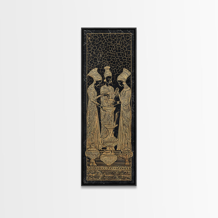 Golden African Women Ritual Wall Art, Ancient Egyptian Inspired Black Gold Canvas, Afrocentric Decor, Tribal Ceremony Print