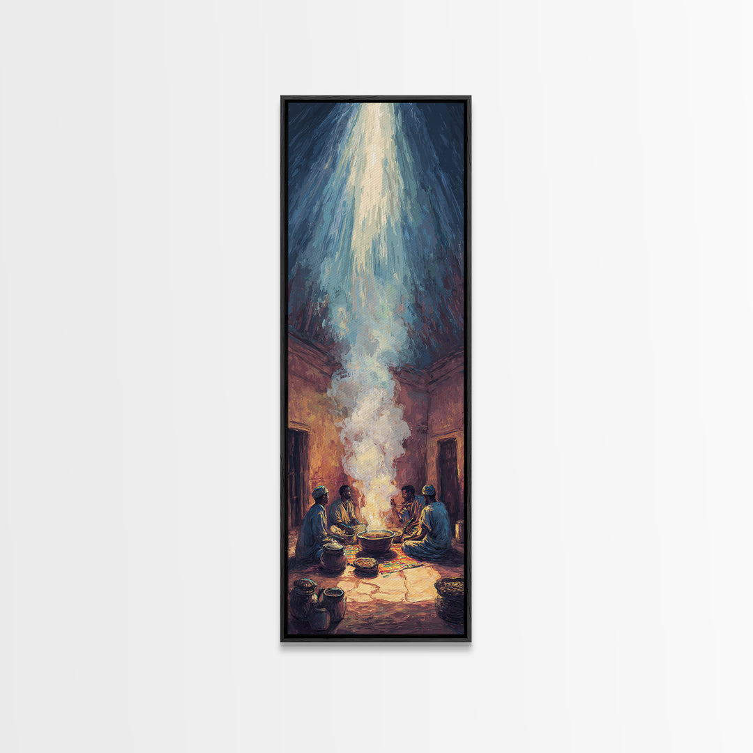 African Gathering With Sacred Steam Canvas Print, Ceremonial Light, Afrocentric Wall Decor, Spiritual Tribal Room Artwork