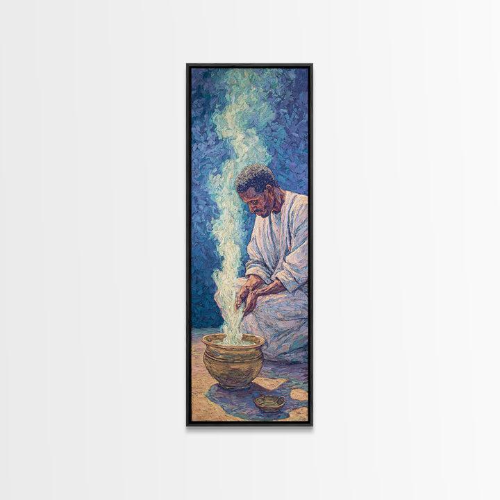 African Man Pouring Water Framed Canvas Print, Blue Spiritual Portrait Wall Decor, Afrocentric Culture Art For Living Room