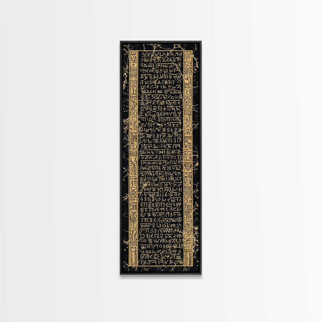 Black And Gold Ancient Glyph Tablet Framed Canvas Print, African Inspired Wall Decor, Tribal Pattern, Cultural Home Decor