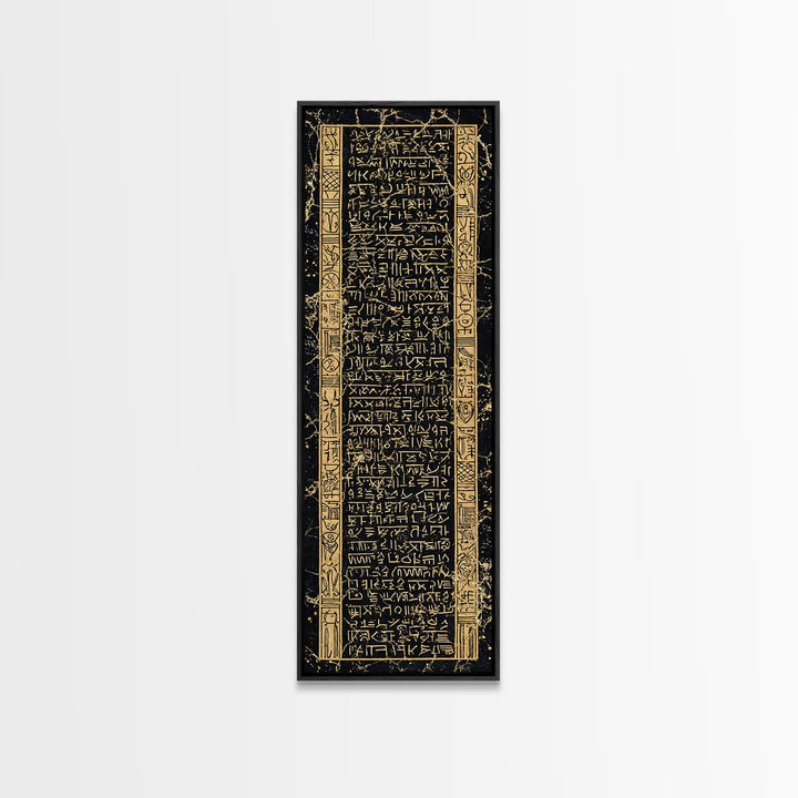 Black And Gold Ancient Glyph Tablet Framed Canvas Print, African Inspired Wall Decor, Tribal Pattern, Cultural Home Decor