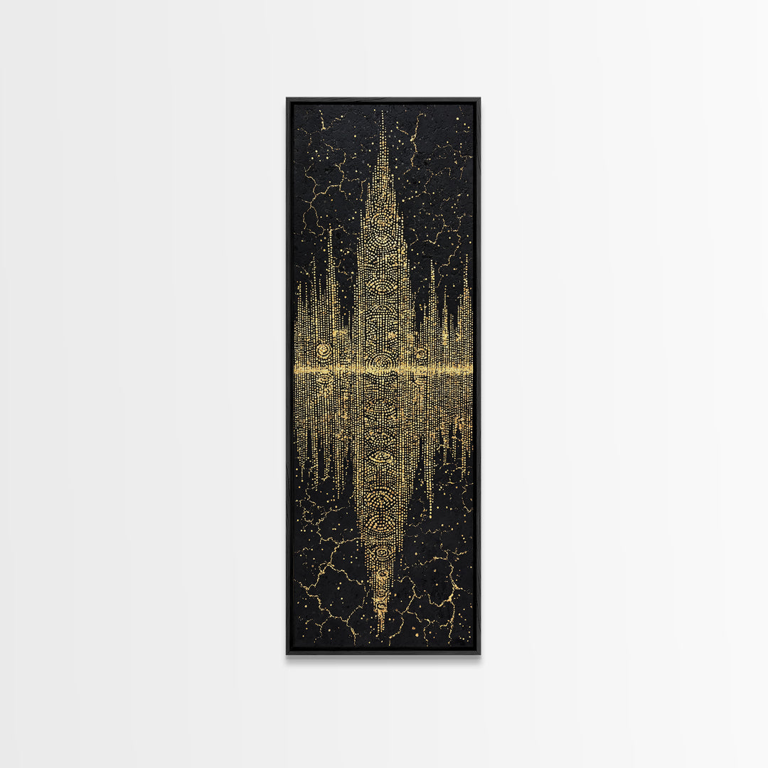 Golden Futuristic Totem Skyline Wall Art, African Abstract Black Gold Decor, Modern Canvas Art, Statement Living Room Print