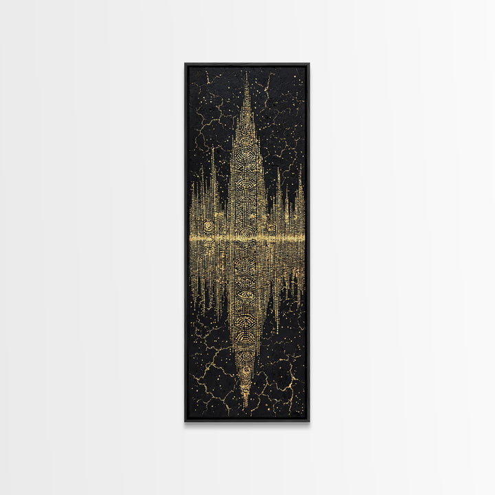 Golden Futuristic Totem Skyline Wall Art, African Abstract Black Gold Decor, Modern Canvas Art, Statement Living Room Print