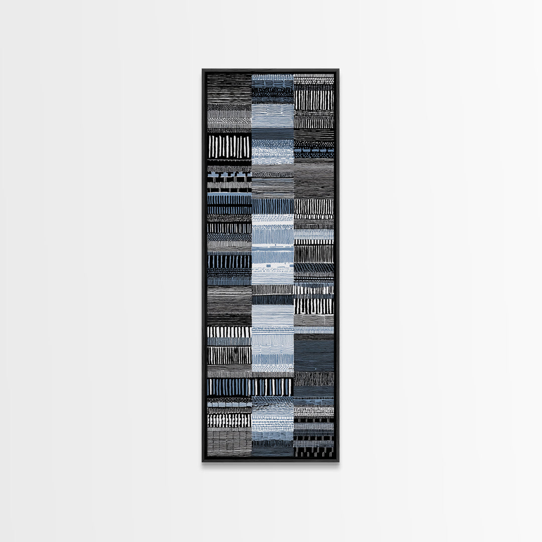 Blue Black Woven Textile Canvas Print, African Fabric Pattern, Minimalist Wall Art, Modern Boho Office And Home Decor Print