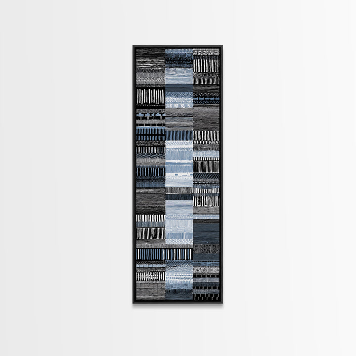 Blue Black Woven Textile Canvas Print, African Fabric Pattern, Minimalist Wall Art, Modern Boho Office And Home Decor Print