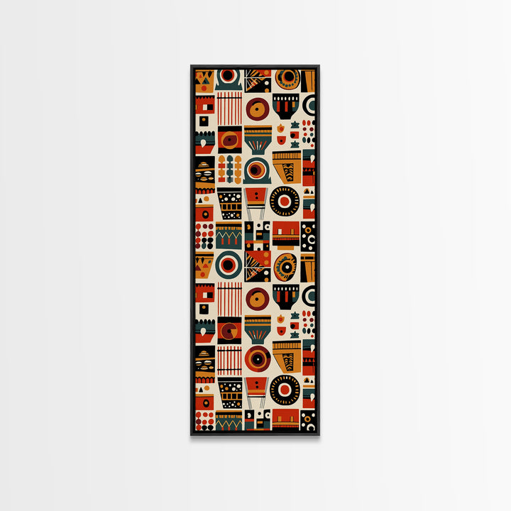 Orange Black African Symbols Wall Art, Tribal Mask Inspired Geometric Pattern, Afrocentric Canvas Print, Bold Home Decor