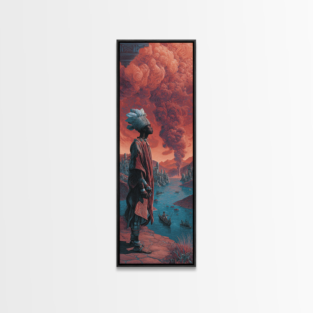 African Warrior Watching Crimson Smoke Canvas Print, Fantasy City Wall Art, Afrocentric Landscape, Red Tribal Decor Gift