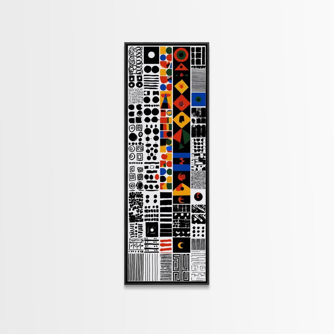 Modern African Geometric Grid Canvas Print, Black White Orange Tribal Symbols, Abstract Wall Art, Bold Cultural Decor Print