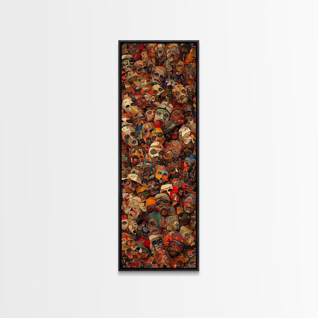 Dense Collage Of African Masks Wall Art, Tribal Faces Canvas, Afrocentric Culture Decor, Maximalist Black Artwork Print For Home