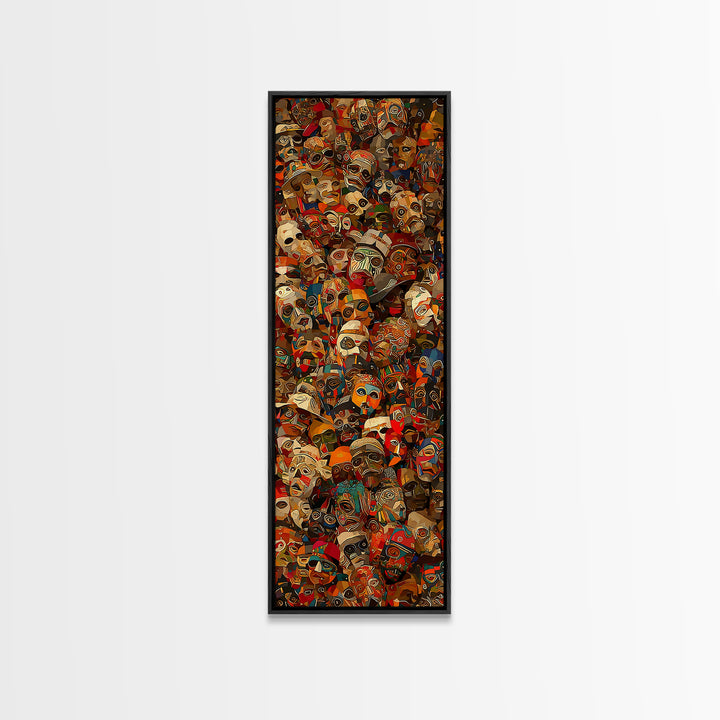 Dense Collage Of African Masks Wall Art, Tribal Faces Canvas, Afrocentric Culture Decor, Maximalist Black Artwork Print For Home