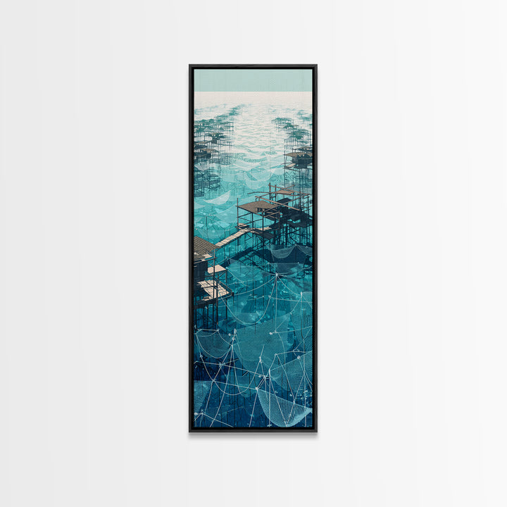 Turquoise African Stilt Village Wall Art, Aerial Lake Canvas Print, Modern Coastal Decor, Fishing Net Landscape Art Gift