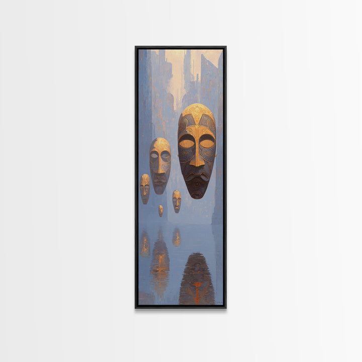Floating African Mask Spirits Wall Art, Surreal Blue Gold Canvas Print, Afrocentric Tribal Decor, Mystical Culture Art Gift