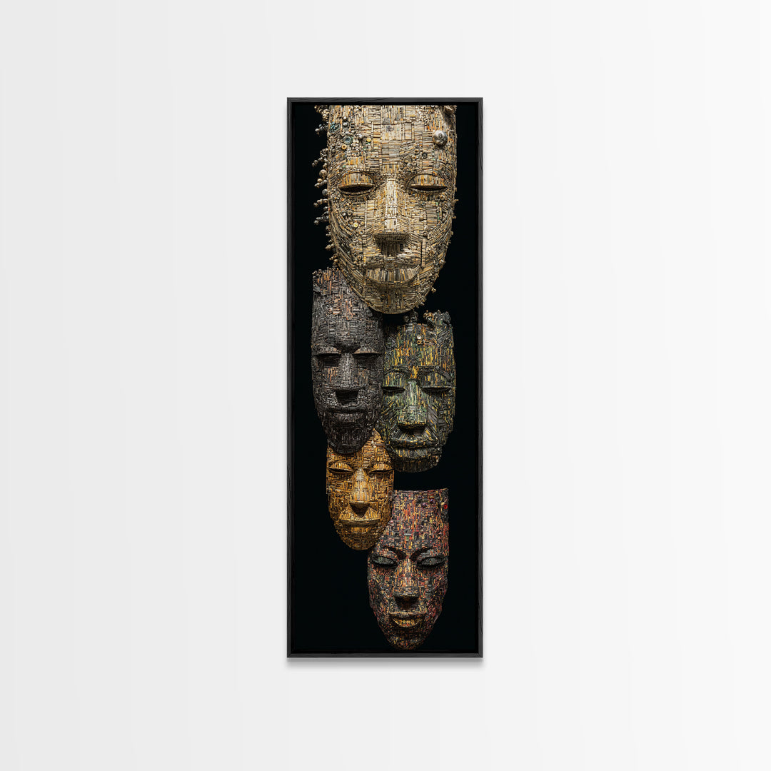 Textured African Mask Portrait Wall Art, Tribal Sculpture Canvas Print, Black Gold Afrocentric Decor, Cultural Artwork Gift
