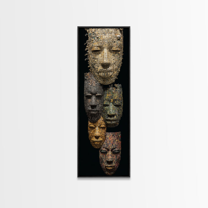 Textured African Mask Portrait Wall Art, Tribal Sculpture Canvas Print, Black Gold Afrocentric Decor, Cultural Artwork Gift