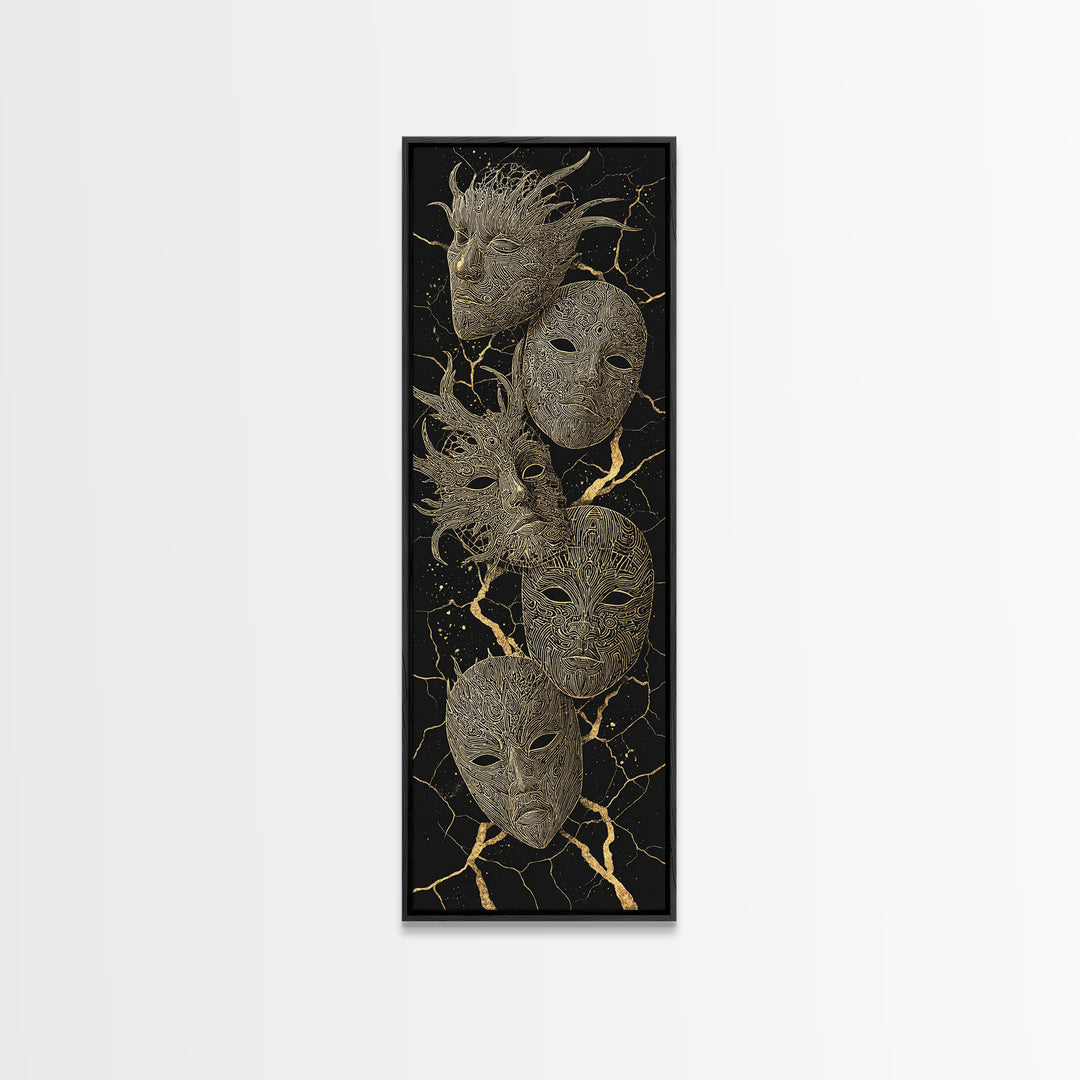 Gold Tribal Masks On Black Kintsugi Wall Art, African Mask Art, African Tribal Decor, Afrocentric Wall Decor, Luxury Canvas Print