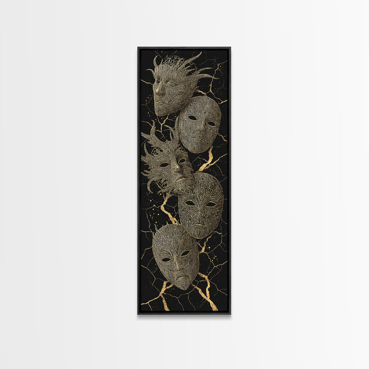 Gold Tribal Masks On Black Kintsugi Wall Art, African Mask Art, African Tribal Decor, Afrocentric Wall Decor, Luxury Canvas Print
