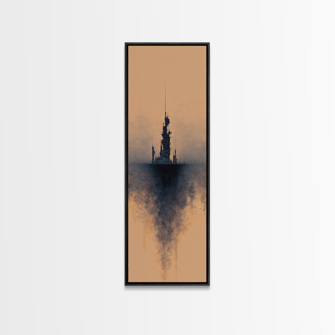 Misty Black Spire On Terracotta Canvas Print, Dreamy Wall Art, Minimalist Decor, Modern Canvas Art, Gothic Office Decor Art