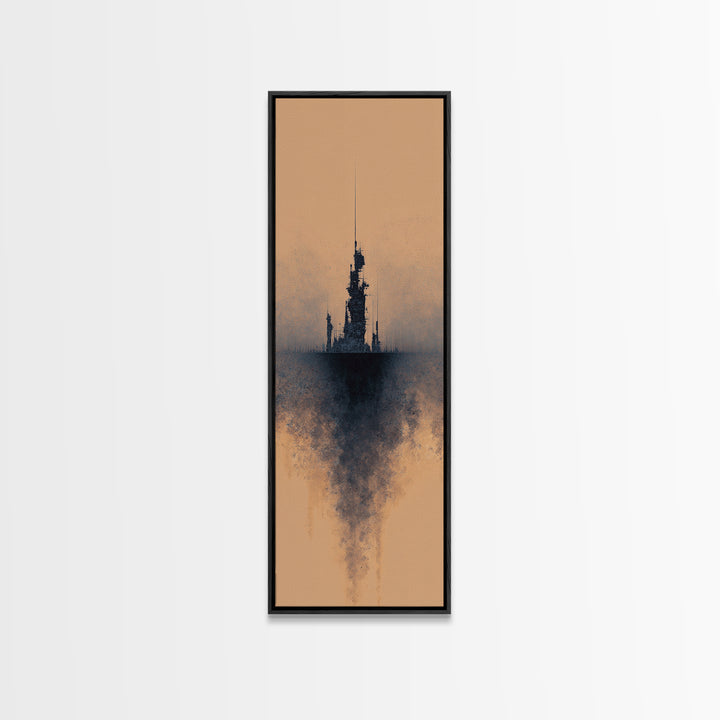 Misty Black Spire On Terracotta Canvas Print, Dreamy Wall Art, Minimalist Decor, Modern Canvas Art, Gothic Office Decor Art