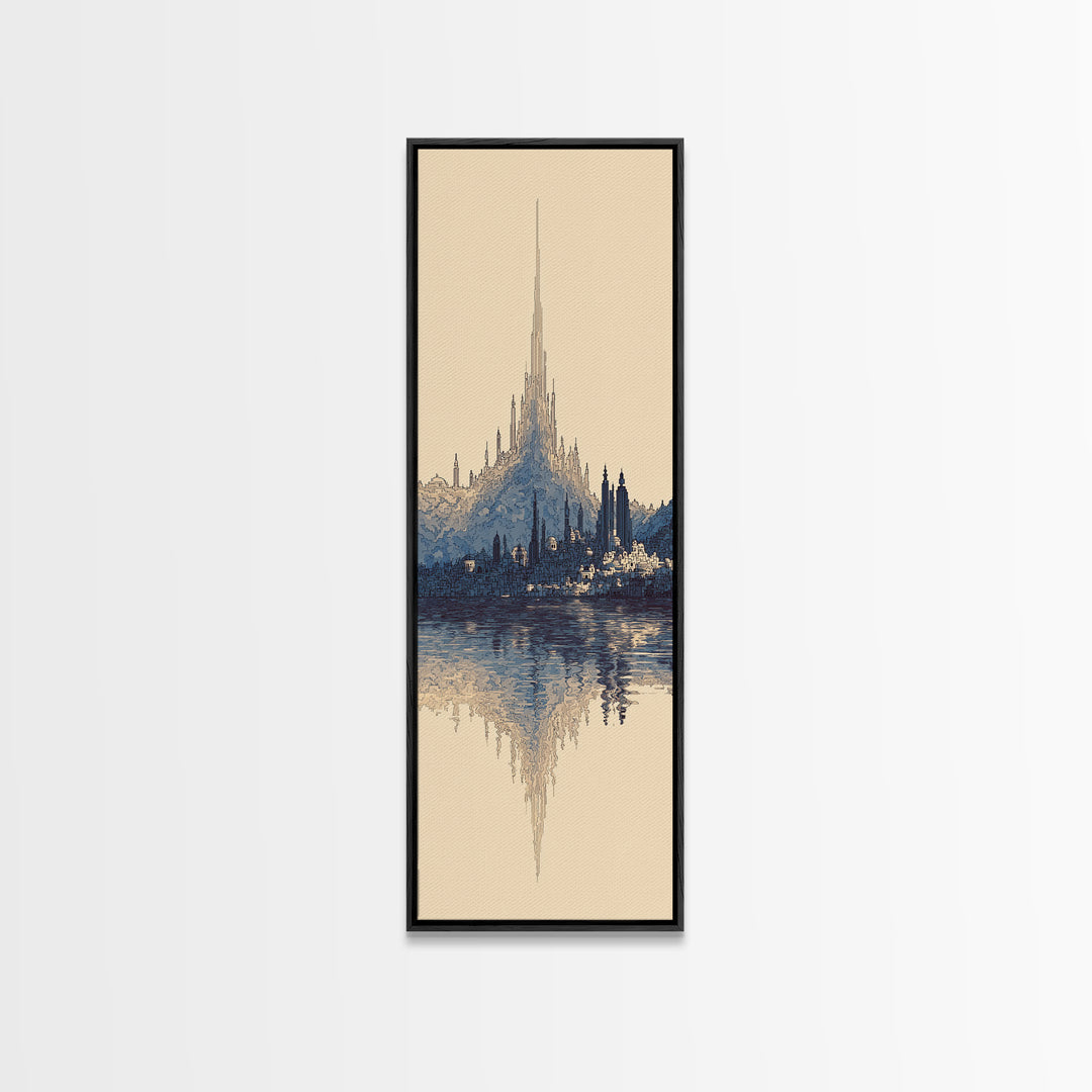 Blue Fantasy Spire City Framed Canvas Print, Dreamy Wall Art, Modern Canvas Art, Elegant Home Decor, Large Statement Wall Decor