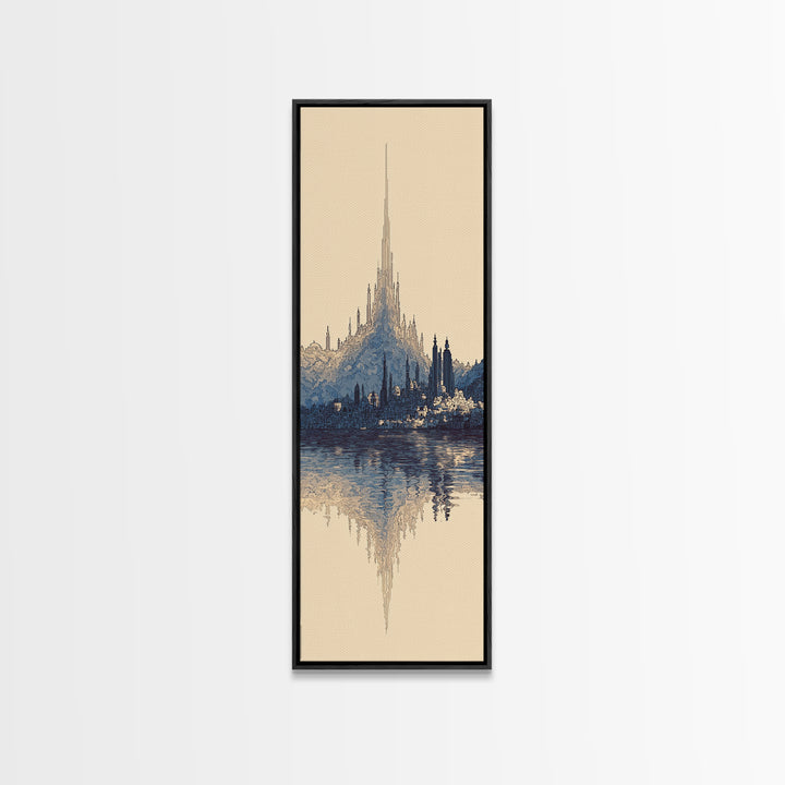 Blue Fantasy Spire City Framed Canvas Print, Dreamy Wall Art, Modern Canvas Art, Elegant Home Decor, Large Statement Wall Decor