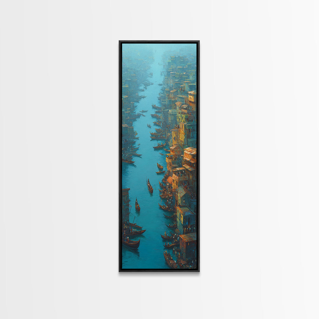 Teal Canal City With Boats Wall Art, Coastal Travel Decor, Blue Orange Painting, Large Canvas Print, Unique Home Decor Gift