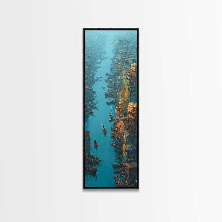 Teal Canal City With Boats Wall Art, Coastal Travel Decor, Blue Orange Painting, Large Canvas Print, Unique Home Decor Gift
