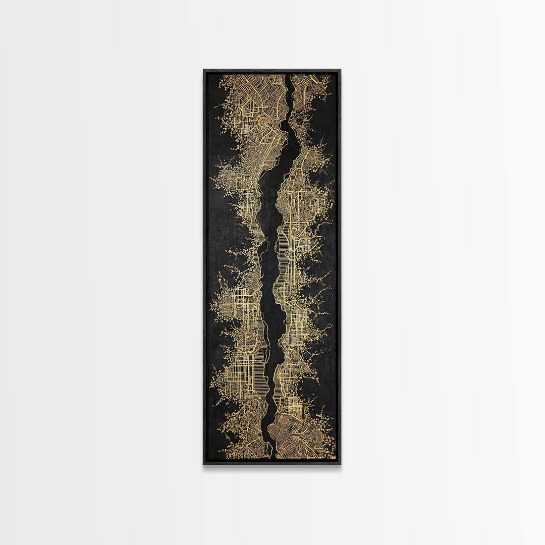 Black And Gold Abstract City Map Wall Art, Geometric Wall Art, Modern Black Art, Luxury Canvas Print, Statement Home Decor