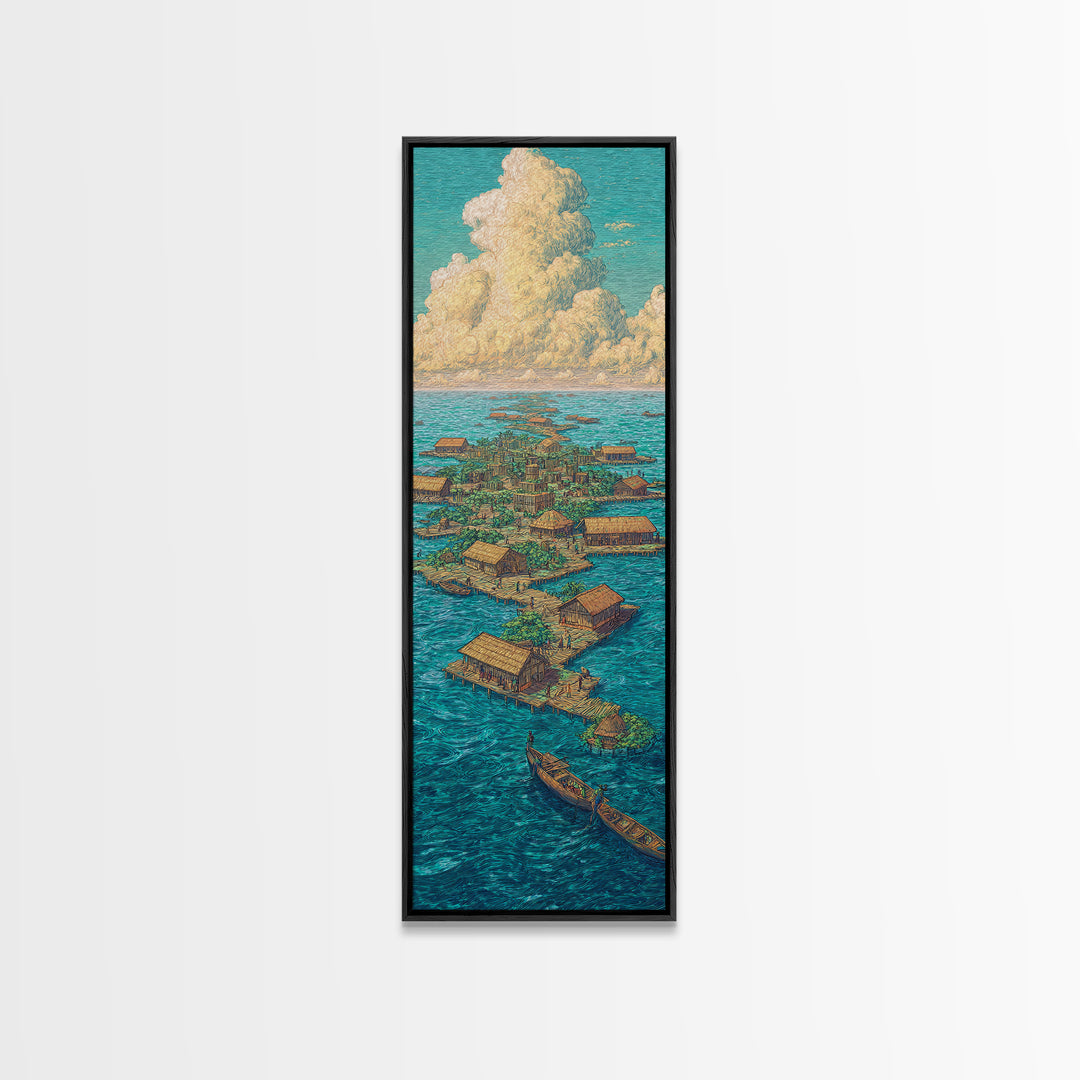 Floating African Water Village Wall Art, Turquoise Ocean Huts, Afrocentric Decor, African Landscape, Coastal Canvas Print