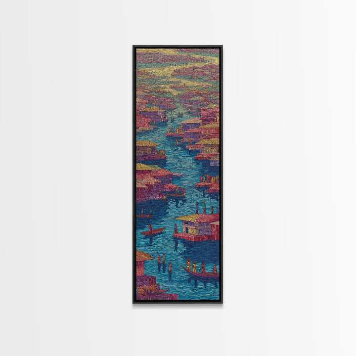 Colorful Pink African River Village Wall Art, Boats And Waterfront Homes, African Prints, Vibrant Cultural Canvas Print, Decor