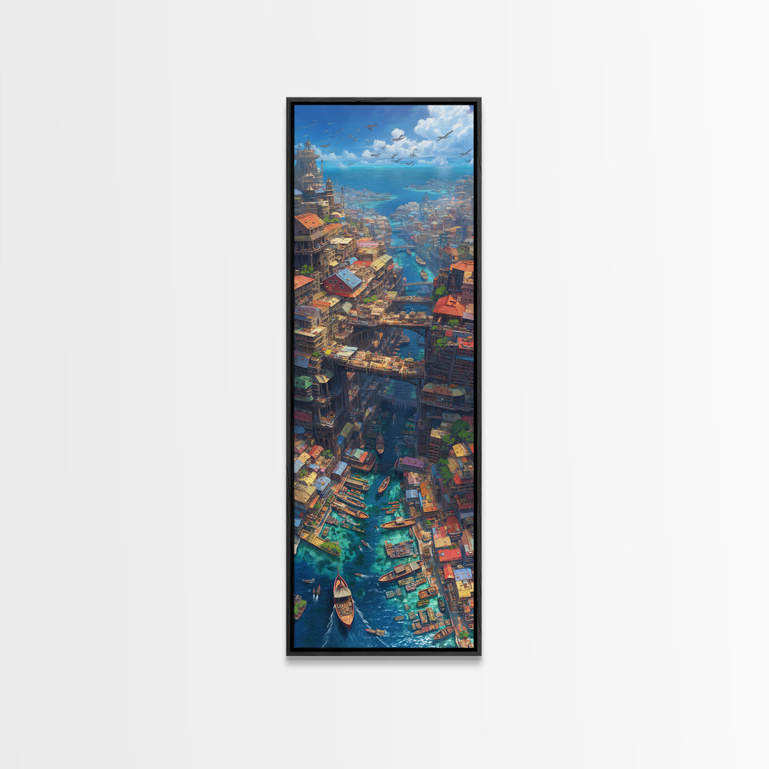 Fantastical African Canal City Wall Art, Boats Bridges And Coastal Skyline, Modern African Art, Statement Canvas Print, Decor