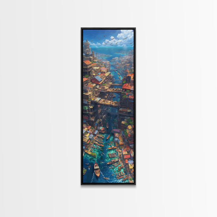 Fantastical African Canal City Wall Art, Boats Bridges And Coastal Skyline, Modern African Art, Statement Canvas Print, Decor