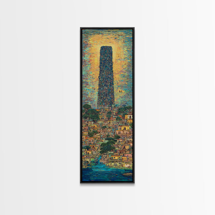 Monumental African Tower City Wall Art, Sunlit Waterfront Skyline, Modern African Art, Urban Statement Canvas Print, Decor