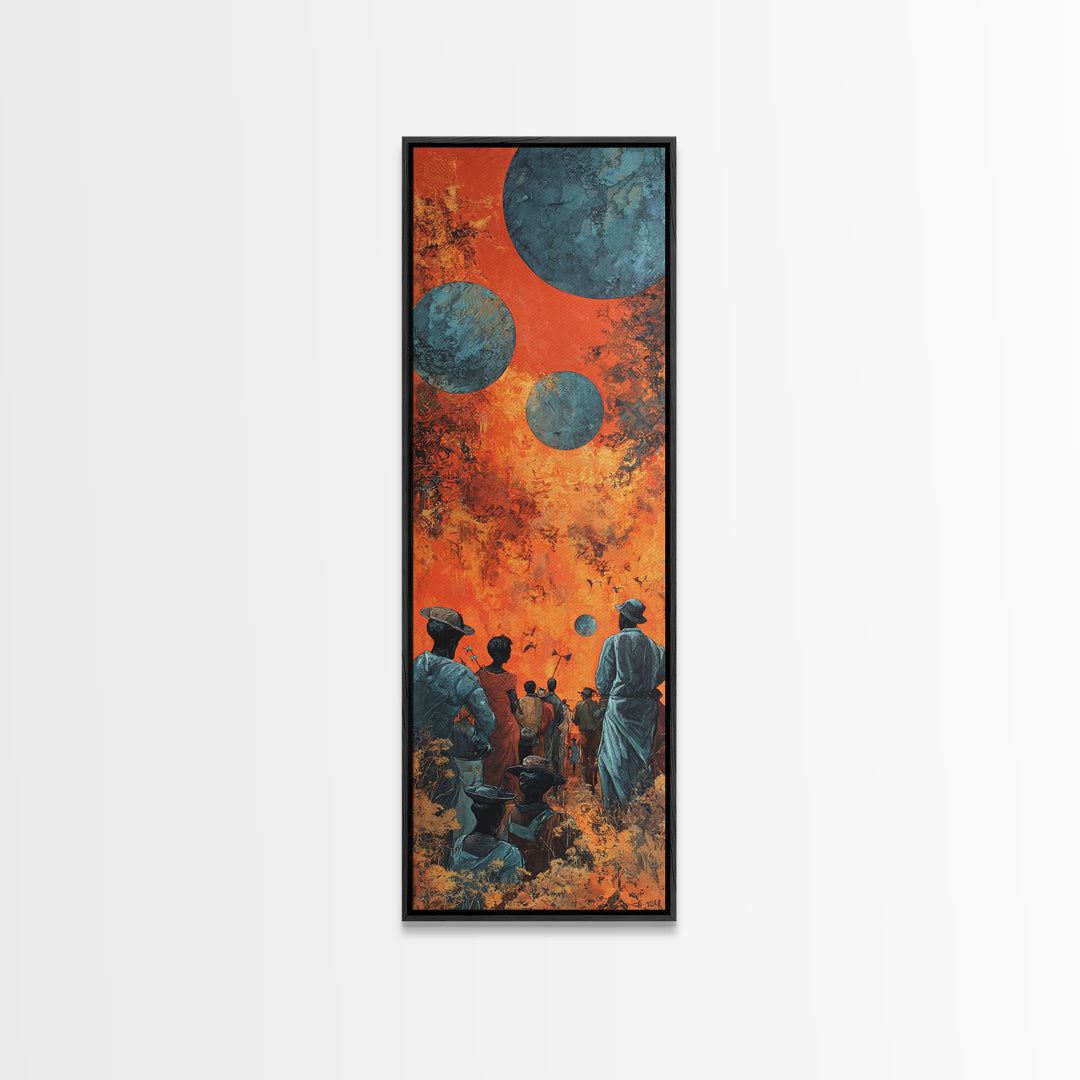 Surreal African Planet Gathering Wall Art, Orange Sky Blue Moons, Afrofuturism Decor, Spiritual Framed Canvas Print, Mystical Wall Decor