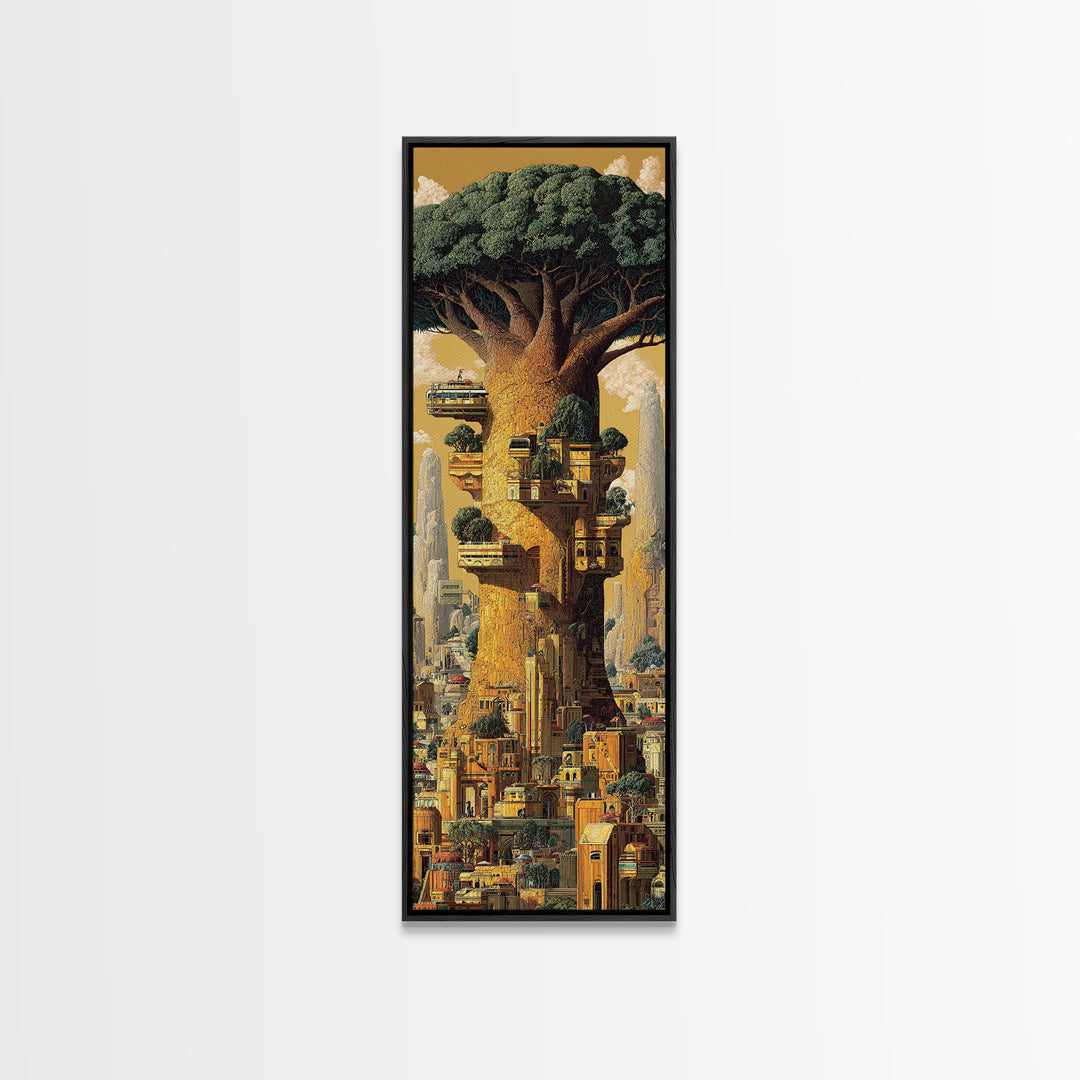 Giant African Tree City Wall Art, Afrofuturism Urban Landscape Canvas Print, Fantasy Architecture Decor, Nature Scene Gift
